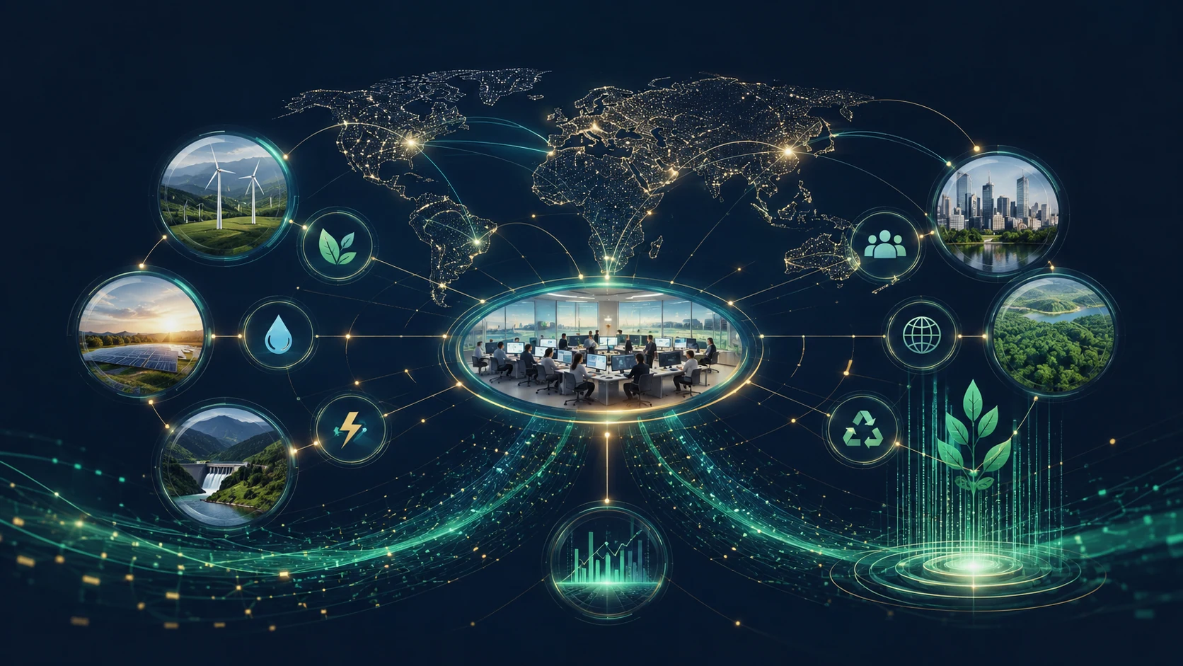 ESG sustainability data network connecting environmental, operational and governance metrics